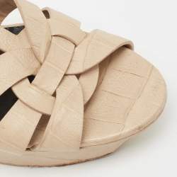 Pre Owned Saint Laurent Beige Croc Embossed Leather Tribute  Platform Sandals Size 40