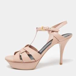 Saint Laurent Light Pink Leather Tribute Ankle Strap Platform Sandals Size 40.5