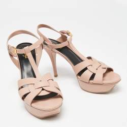 Saint Laurent Light Pink Leather Tribute Ankle Strap Platform Sandals Size 40.5