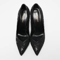 Pre Owned حذاء كعب عالي سان لور ان جلد ودانتيل أسود مقدمة مدببة مقاس 40