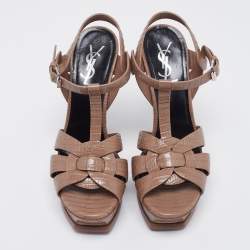 Pre Owned Saint Laurent Dark Beige Lizard Embossed Leather Tribute Platform Sandals Size 36