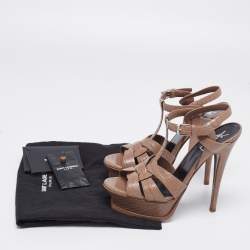 Pre Owned Saint Laurent Dark Beige Lizard Embossed Leather Tribute Platform Sandals Size 36