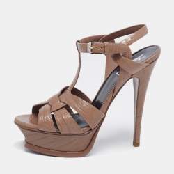 Pre Owned Saint Laurent Dark Beige Lizard Embossed Leather Tribute Platform Sandals Size 36