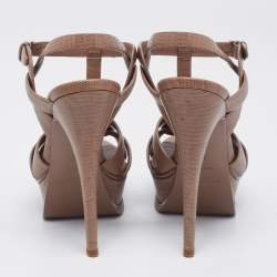 Pre Owned Saint Laurent Dark Beige Lizard Embossed Leather Tribute Platform Sandals Size 36