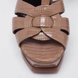 Pre Owned Saint Laurent Dark Beige Lizard Embossed Leather Tribute Platform Sandals Size 36