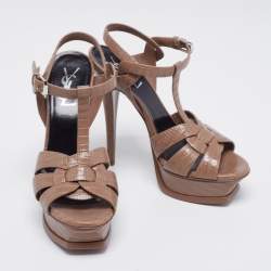 Pre Owned Saint Laurent Dark Beige Lizard Embossed Leather Tribute Platform Sandals Size 36