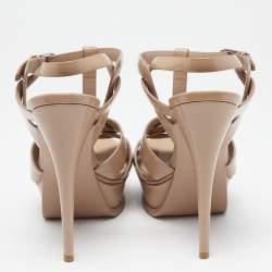 Pre Owned Saint Laurent Beige Patent Leather Tribute Ankle Strap Platform Sandals Size 37.5