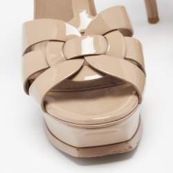 Pre Owned Saint Laurent Beige Patent Leather Tribute Ankle Strap Platform Sandals Size 37.5