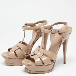 Pre Owned Saint Laurent Beige Patent Leather Tribute Ankle Strap Platform Sandals Size 37.5