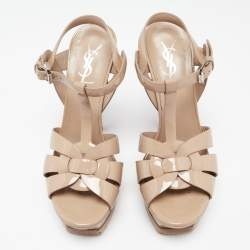 Pre Owned Saint Laurent Beige Patent Leather Tribute Ankle Strap Platform Sandals Size 37.5