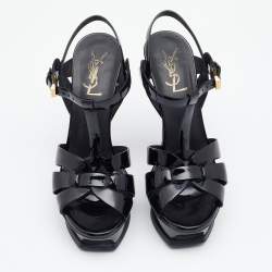 Pre Owned Saint Laurent Black Patent Leather Tribute Ankle Strap Platform Sandals Size 35.5