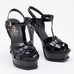 Pre Owned Saint Laurent Black Patent Leather Tribute Ankle Strap Platform Sandals Size 35.5