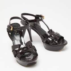 Pre Owned Saint Laurent Dark Brown Patent Leather Tribute Ankle Strap Sandals Size 38.5