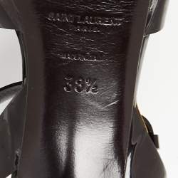 Pre Owned Saint Laurent Dark Brown Patent Leather Tribute Ankle Strap Sandals Size 38.5