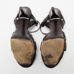 Pre Owned Saint Laurent Dark Brown Patent Leather Tribute Ankle Strap Sandals Size 38.5