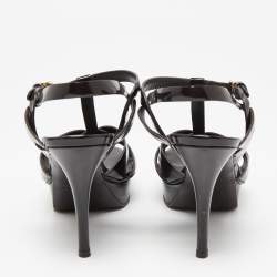 Pre Owned Saint Laurent Dark Brown Patent Leather Tribute Ankle Strap Sandals Size 38.5