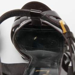 Pre Owned Saint Laurent Dark Brown Patent Leather Tribute Ankle Strap Sandals Size 38.5