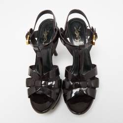 Pre Owned Saint Laurent Dark Brown Patent Leather Tribute Ankle Strap Sandals Size 38.5
