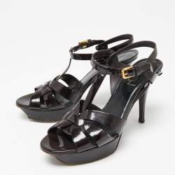 Pre Owned Saint Laurent Dark Brown Patent Leather Tribute Ankle Strap Sandals Size 38.5
