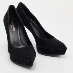 Pre Owned Saint Laurent Black Suede Janis Pointed Toe Platform Pumps Size 38.5