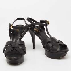 Pre Owned Saint Laurent Black Leather Tribute Platform Sandals Size 37.5