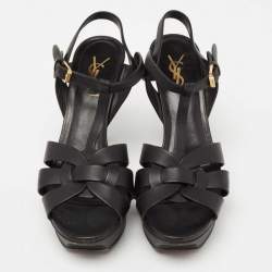 Pre Owned Saint Laurent Black Leather Tribute Platform Sandals Size 37.5