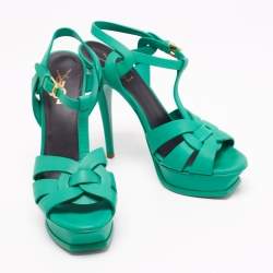 Pre Owned Saint Laurent Green Leather Tribute Platform Sandals Size 39.5