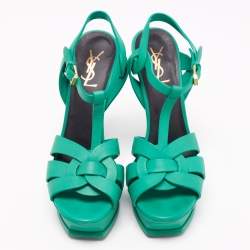Pre Owned Saint Laurent Green Leather Tribute Platform Sandals Size 39.5
