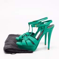 Pre Owned Saint Laurent Green Leather Tribute Platform Sandals Size 39.5