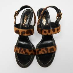 Saint Laurent Beige/Brown Leopard Print Calf Hair Slingback Sandals Size 41