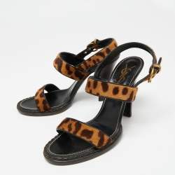 Saint Laurent Beige/Brown Leopard Print Calf Hair Slingback Sandals Size 41