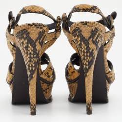 Pre Owned صندل سان لوران تريبوت جلد ثعبان أسود/بيج نعل سميك مقاس 36.5