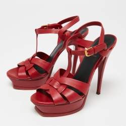 Pre Owned Saint Laurent Red Leather Tribute Sandals Size 39