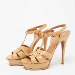 Pre Owned Saint Laurent Beige Patent Leather Tribute Platform Sandals Size 38.5