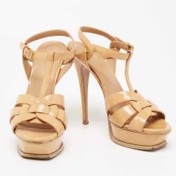 Pre Owned Saint Laurent Beige Patent Leather Tribute Platform Sandals Size 38.5
