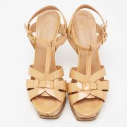 Pre Owned Saint Laurent Beige Patent Leather Tribute Platform Sandals Size 38.5