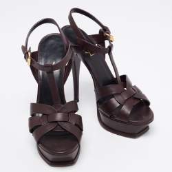 مملوكة مسبقًا Saint Laurent Dark Brown Leather Tribute Platform Platform Sandals Size 38