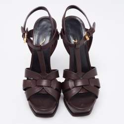 مملوكة مسبقًا Saint Laurent Dark Brown Leather Tribute Platform Platform Sandals Size 38