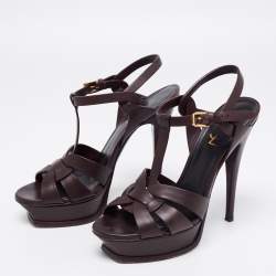 مملوكة مسبقًا Saint Laurent Dark Brown Leather Tribute Platform Platform Sandals Size 38