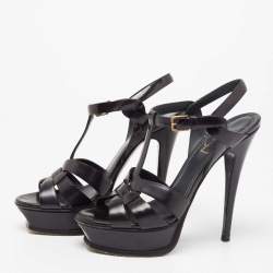 Pre Owned Saint Laurent Navy Blue Patent Leather Tribute Platform Sandals Size 36.5 