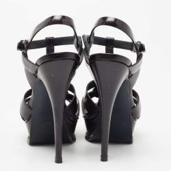 Pre Owned Saint Laurent Navy Blue Patent Leather Tribute Platform Sandals Size 36.5 