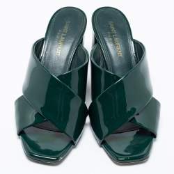 Pre Owned Saint Laurent Green Patent Leather Loulou Criss Cross Slide Sandals Size 36