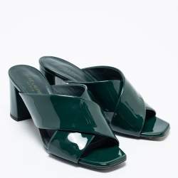 Pre Owned Saint Laurent Green Patent Leather Loulou Criss Cross Slide Sandals Size 36