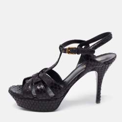 Saint Laurent Black Python Embossed  Leather Tribute Sandals Size 38.5