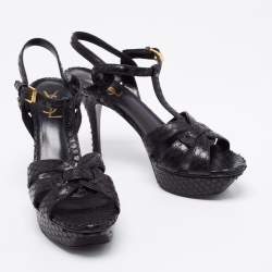 Saint Laurent Black Python Embossed  Leather Tribute Sandals Size 38.5