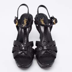 Saint Laurent Black Python Embossed  Leather Tribute Sandals Size 38.5