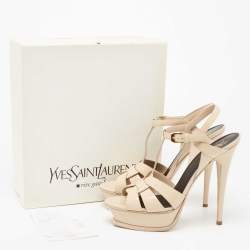 Pre Owned Saint Laurent Beige  Patent Leather Tribute Platform Sandals Size 40