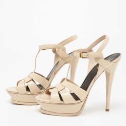 Pre Owned Saint Laurent Beige  Patent Leather Tribute Platform Sandals Size 40