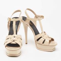 Pre Owned Saint Laurent Beige  Patent Leather Tribute Platform Sandals Size 40
