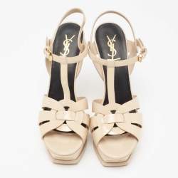 Pre Owned Saint Laurent Beige  Patent Leather Tribute Platform Sandals Size 40